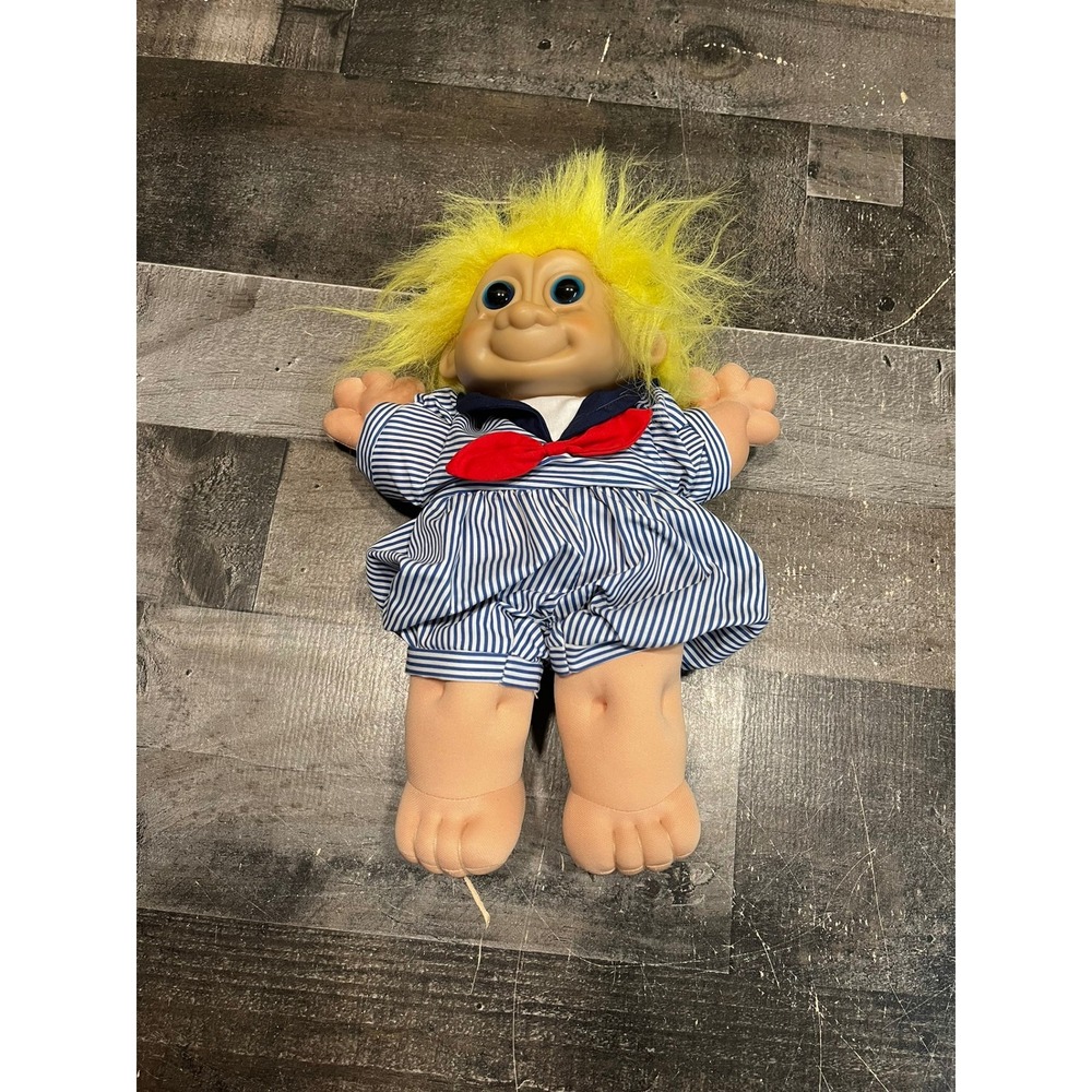 Vintage Large Plush Troll Doll Yellow Hair Sailor Outfit Blue White Striped 14in